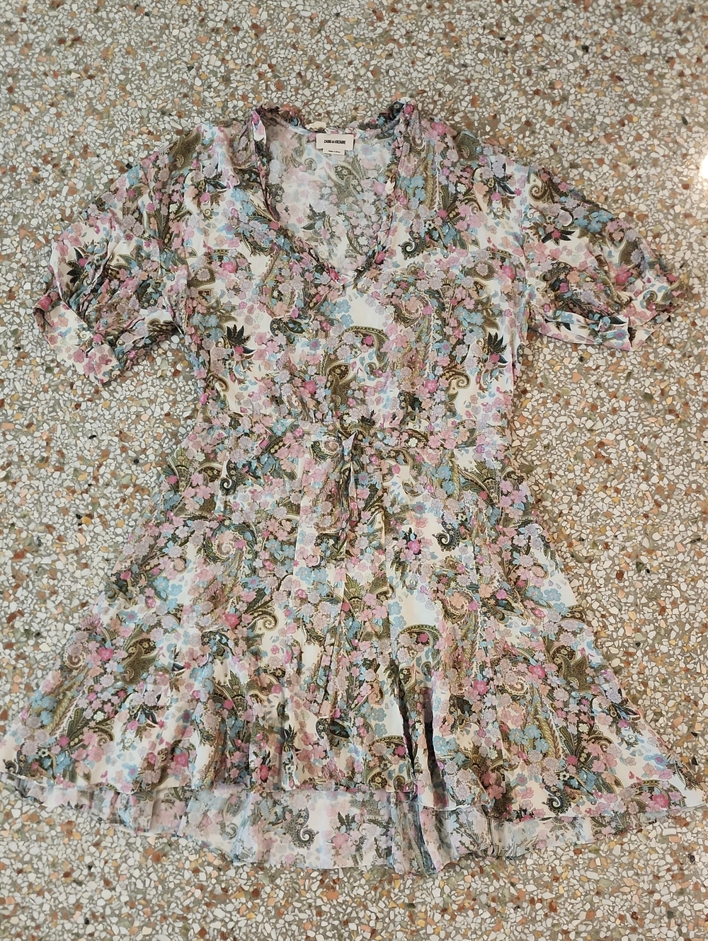 Zadig & Voltaire Paisley Floral Tie-Waist Mini Dress in Pink, Green and Blue